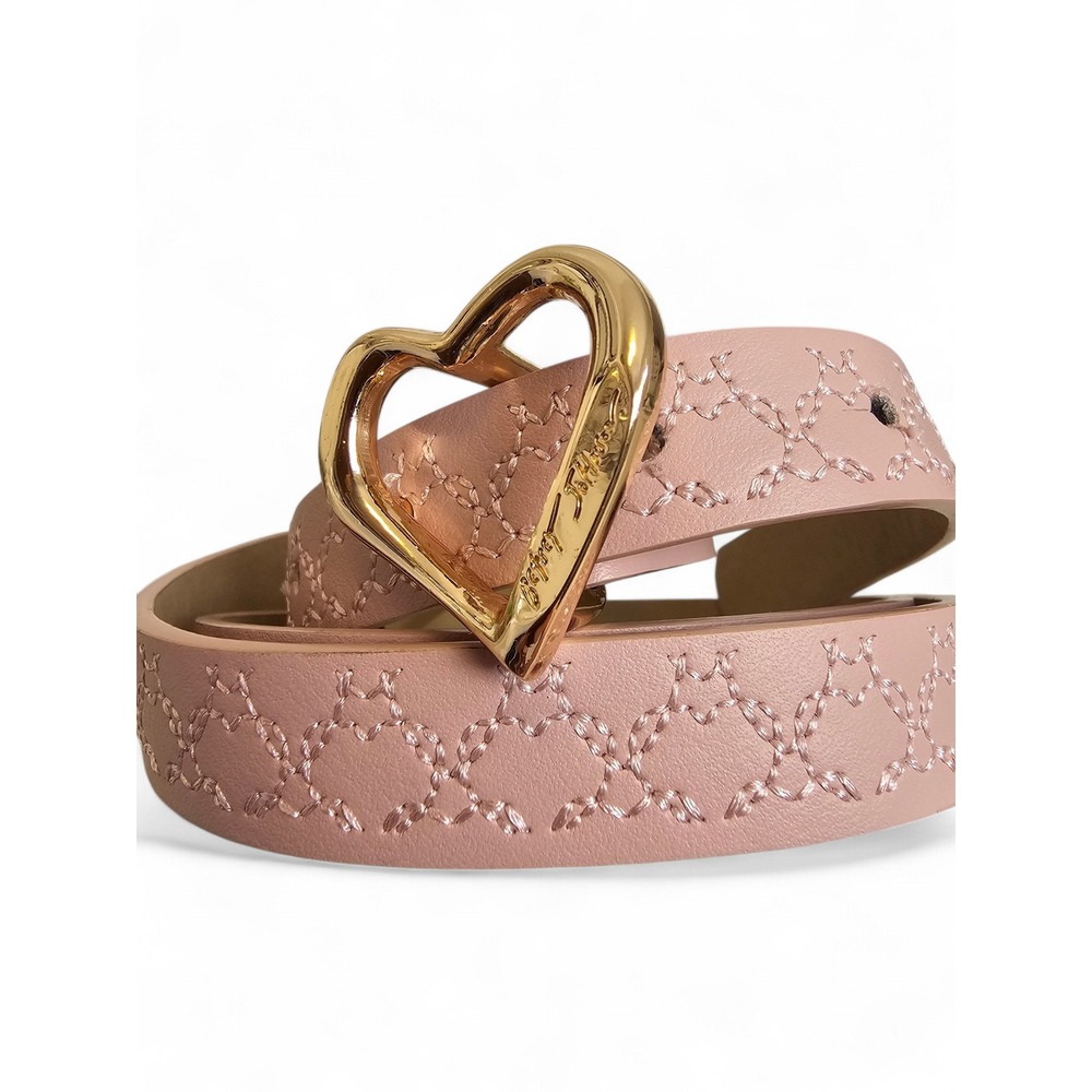 Betsey Johnson Pink Embroidered Skinny Belt Women's Small Gold-Tone Heart Buckle